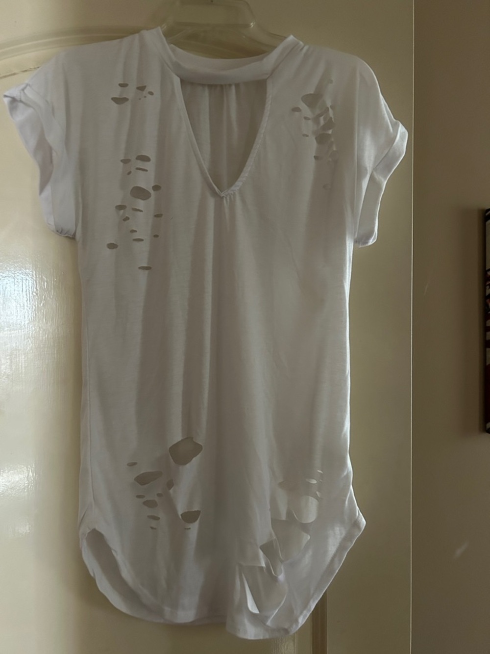 love J White Distressed V-Neck Short Sleeve Tee